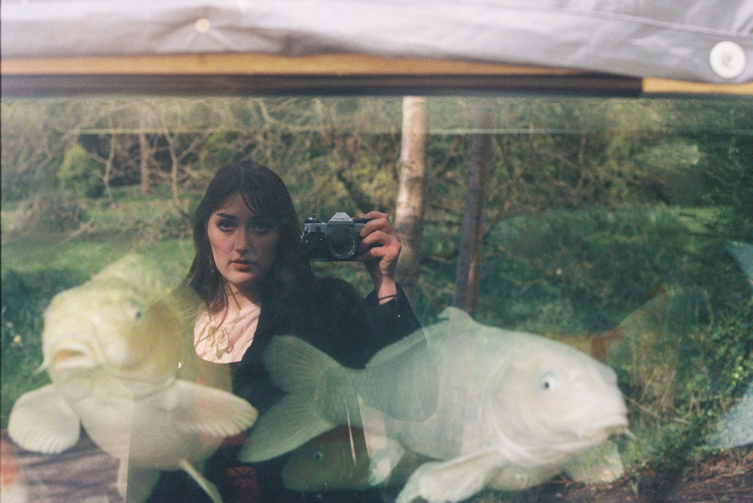 Reflected image of a young woman with dark hair holding a camera, taking a photograph of a large fish behind a glass aquarium, with greenery and trees in the background.