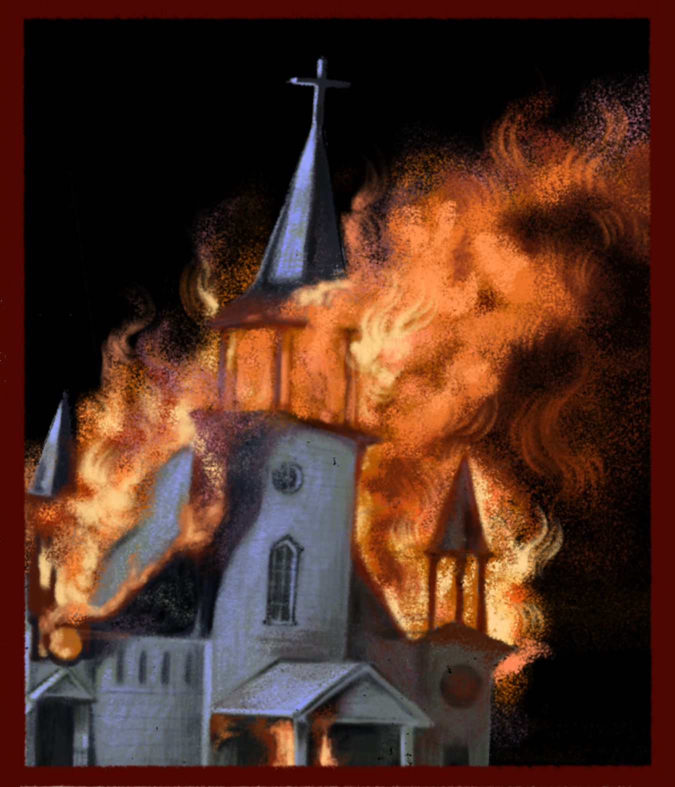 Illustration of a church building with steeples on fire, dark night sky, and smoke surrounding.