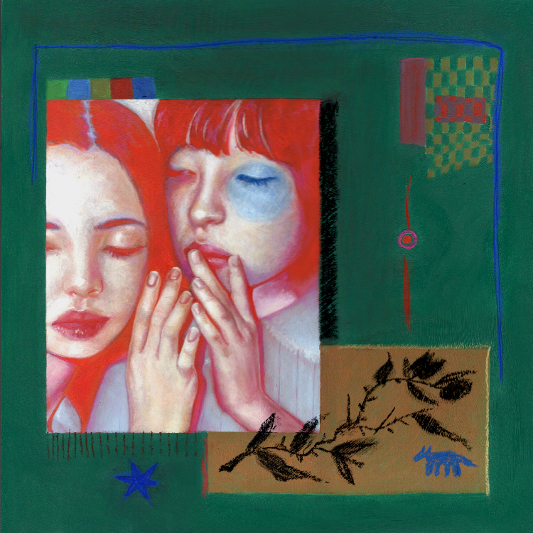 A painting featuring two women with closed eyes and serene expressions, one with red hair and the other with reddish-brown hair. They touch each other's faces with their hands. The background includes colorful geometric shapes, a branch with leaves, 