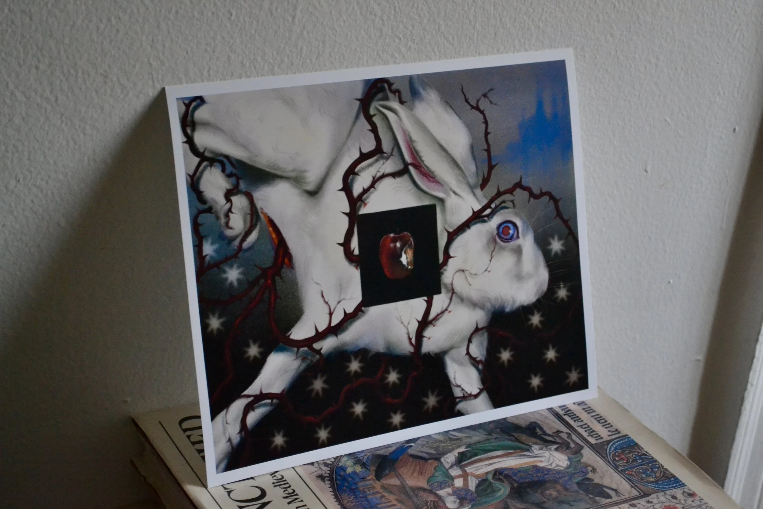 A surreal artwork of a white rabbit with large eyes, surrounded by red, branch-like structures, with a small black square in the middle of the image containing a moldy red apple.