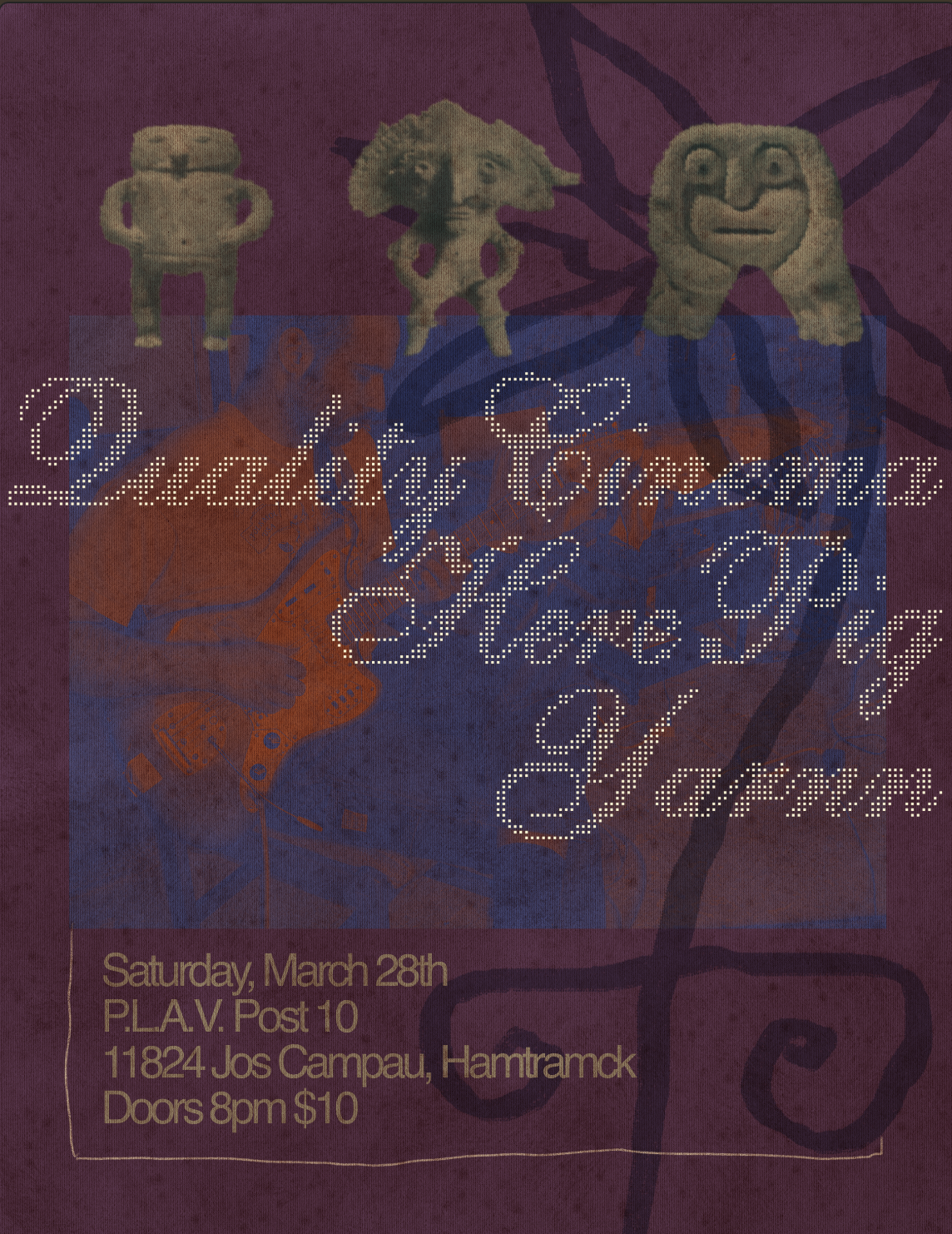 Event poster for Quality Cinema, Here Pig, and Yarnn featuring illustrations of three tribal statuettes at the top, a person playing an electric guitar below, and event details at the bottom including date, location, time, and ticket price.