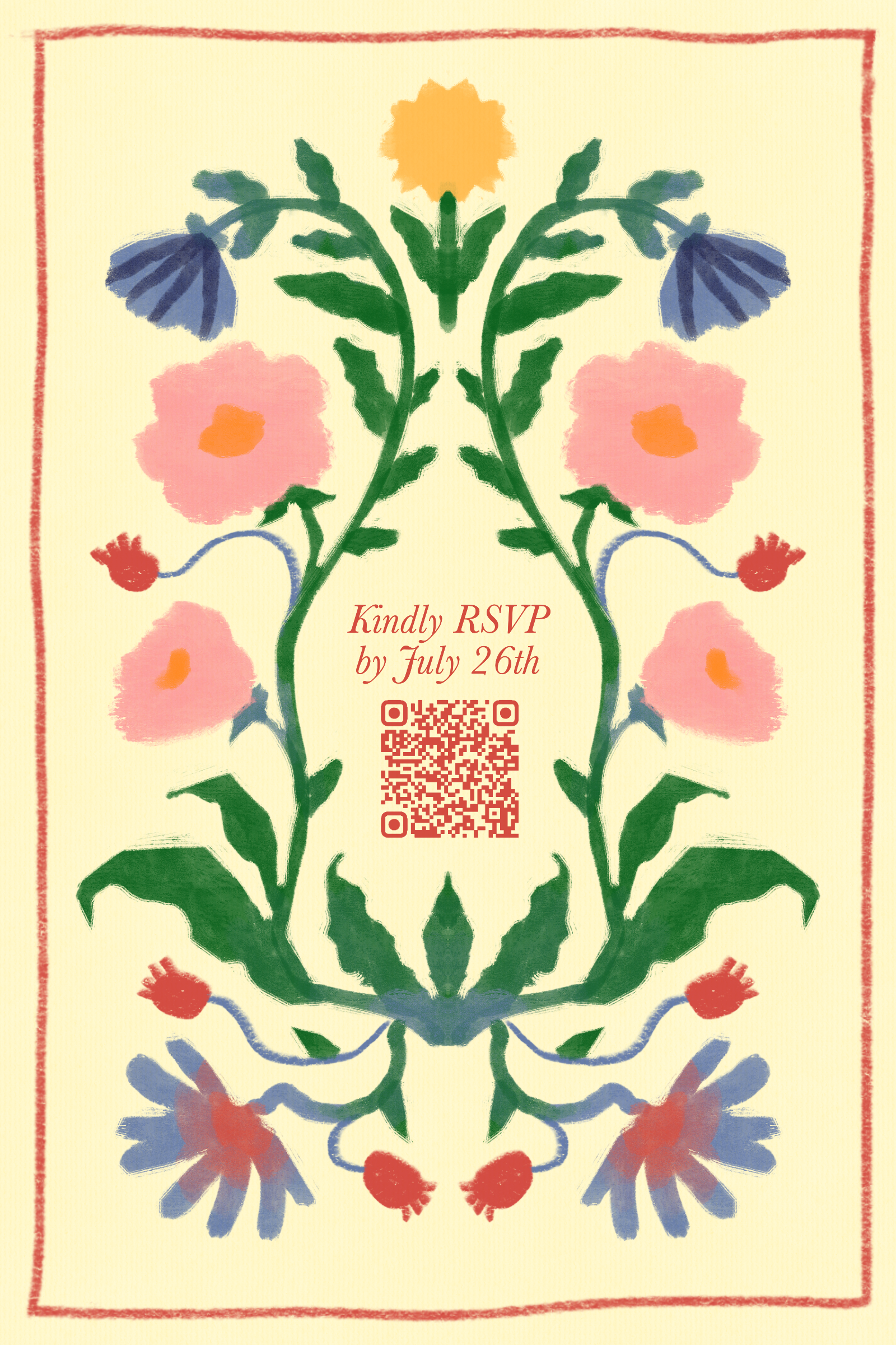 A floral-themed RSVP card with symmetrical pink, blue, red, yellow, and green flowers and leaves. Includes a QR code and the text 'Kindly RSVP by July 26th' in red.