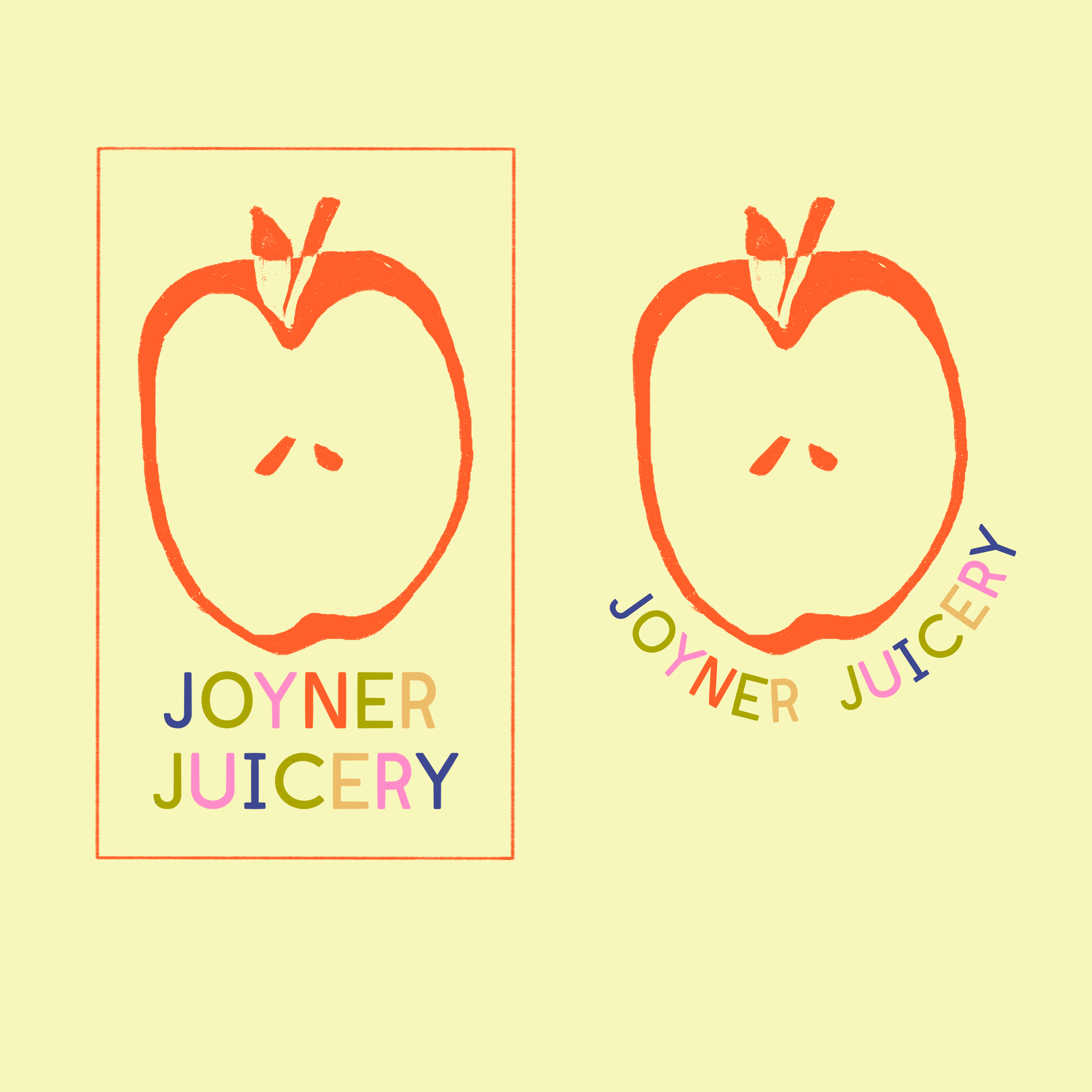 A colorful logo featuring a red outline of a sliced apple with the words "Joyner Juicery" below in multicolored letters, with a version of the logo where the text is arranged in a semi-circle.