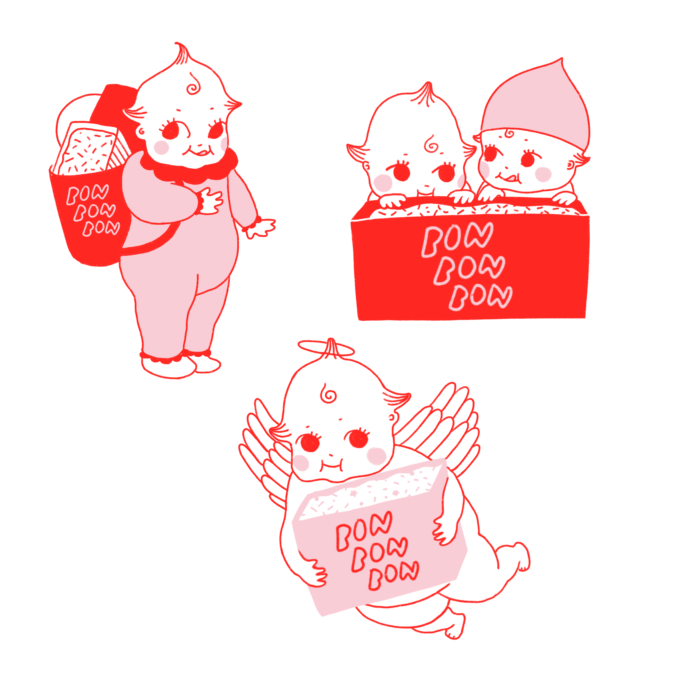 Four kewpie babies with wings and rosy cheeks, each holding a box or bag labeled "BON BON BON" in a playful, doodle style.