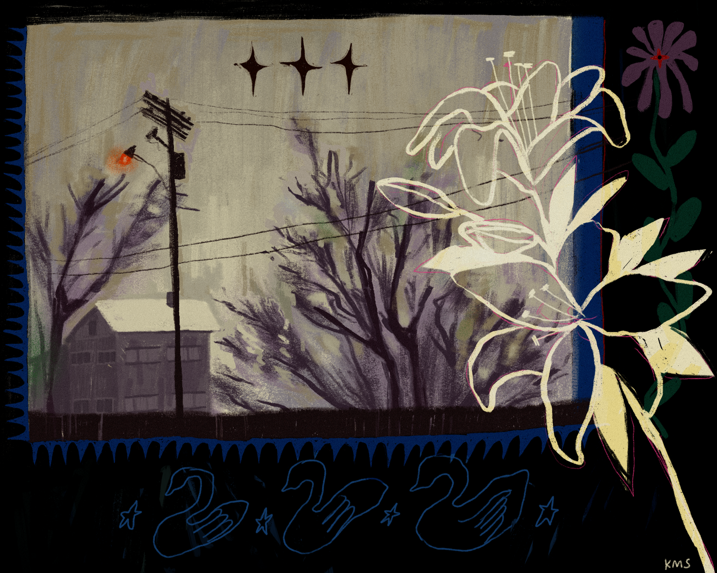 Illustration featuring a window with trees silhouetted outside, decorative swan borders, and flowers.