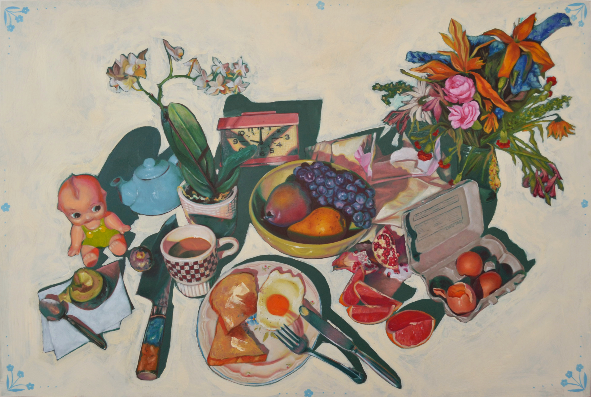 A colorful still life painting of a breakfast table with a bowl of fruit, a cup of coffee, fried eggs, toast, a kewpie doll, a teapot, a clock, an egg carton, and bouquet of flowers against a white background.