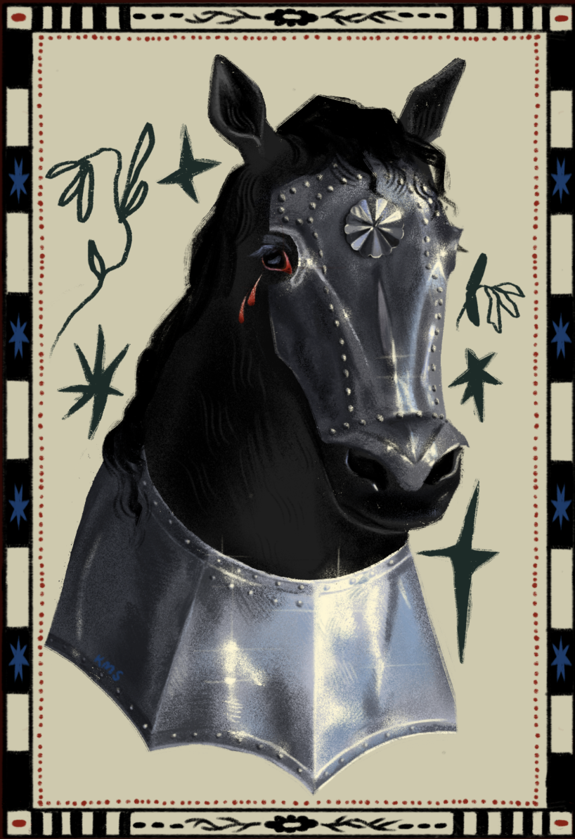 Illustration of a black horse wearing metallic armor, surrounded by artistic elements like stars and abstract shapes.