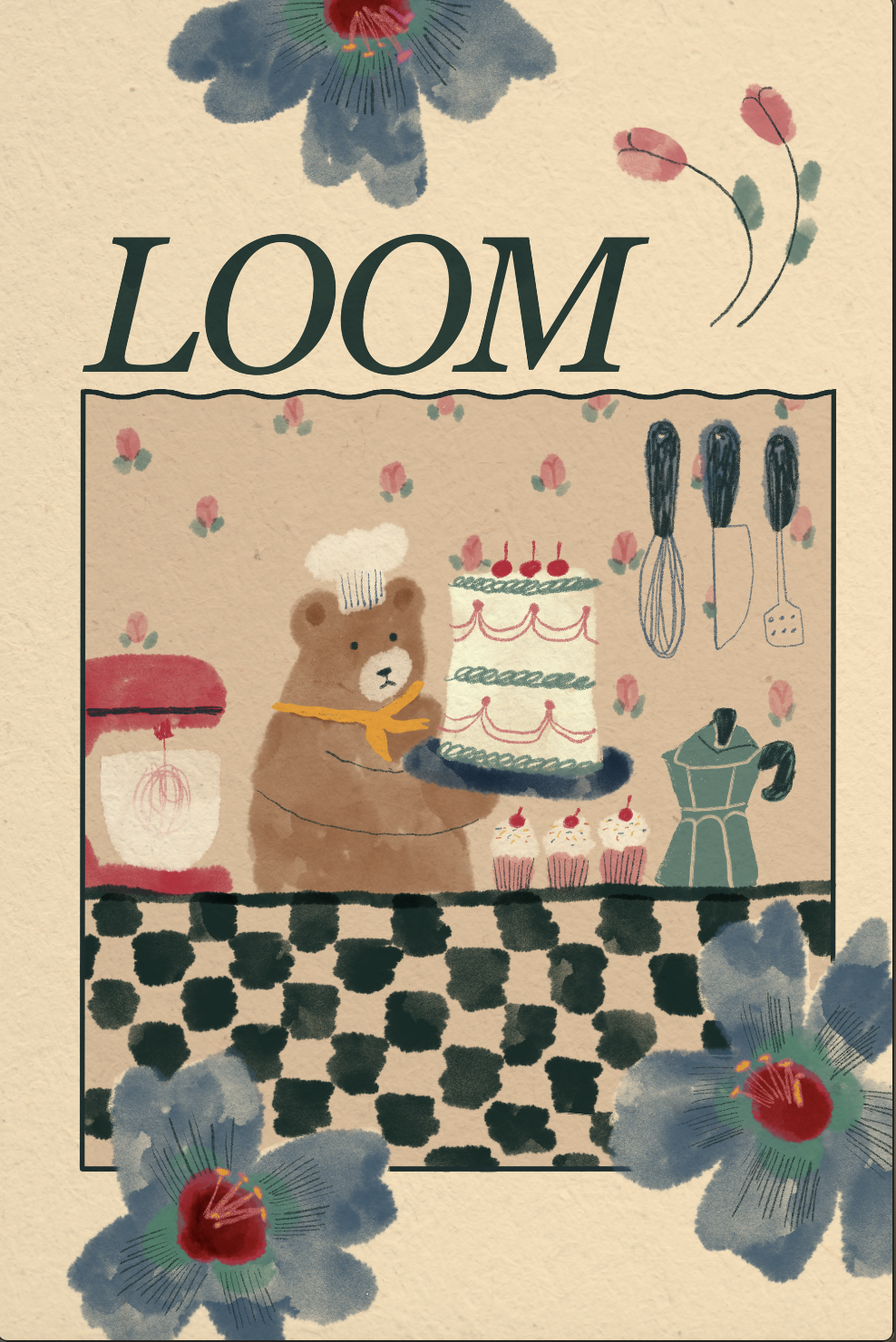Illustration of a bakery scene with a bear wearing a chef's hat and a yellow neck scarf holding a cake with cherries on top, surrounded by cupcakes, kitchen utensils, and a vintage coffee grinder. The background features pink flowers and the word 'LO