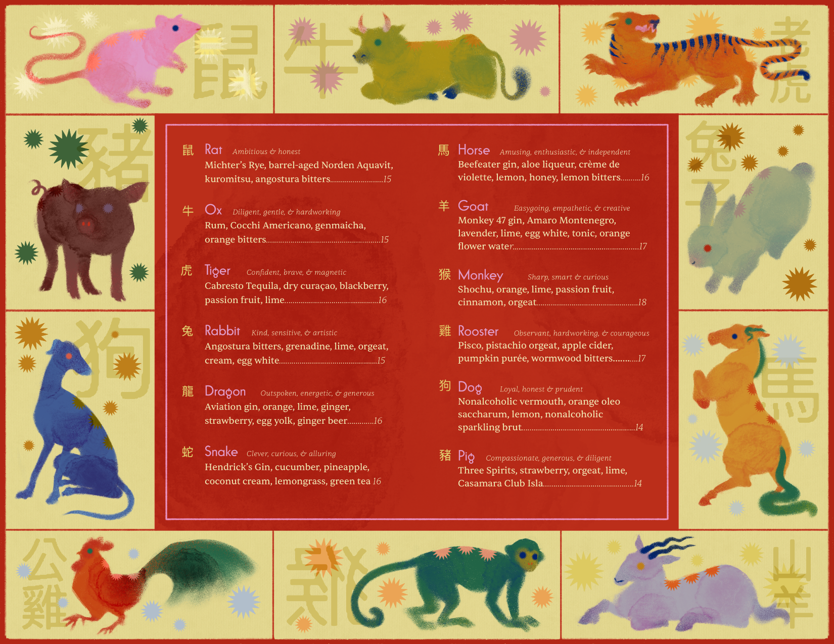 A colorful illustrated menu featuring animal names and drinks associated with the Chinese zodiac signs, including rat, ox, tiger, rabbit, dragon, snake, horse, goat, monkey, rooster, dog, and pig, with descriptive adjectives and drink ingredients.