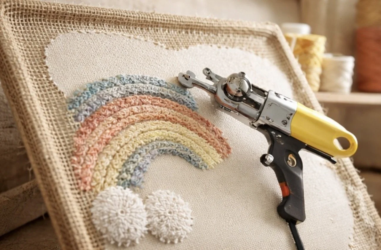 A miniature toy gun resting on a stitched fabric artwork of a rainbow with two pom-pom clouds.