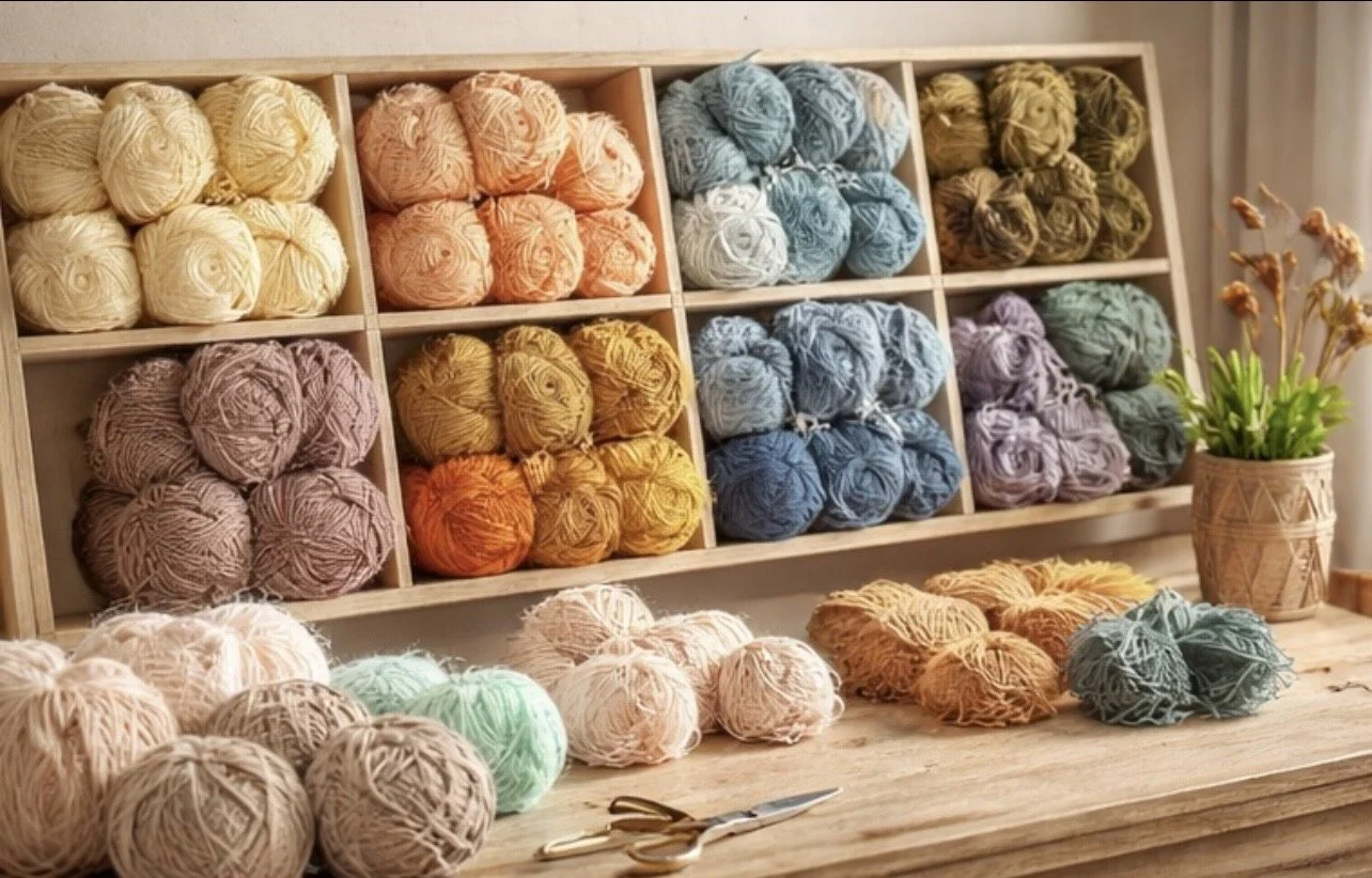 Jameson Yarn display with balls of yarn in pastel colors organized in a wooden shelf and on a table, with a pair of scissors nearby and a potted plant.