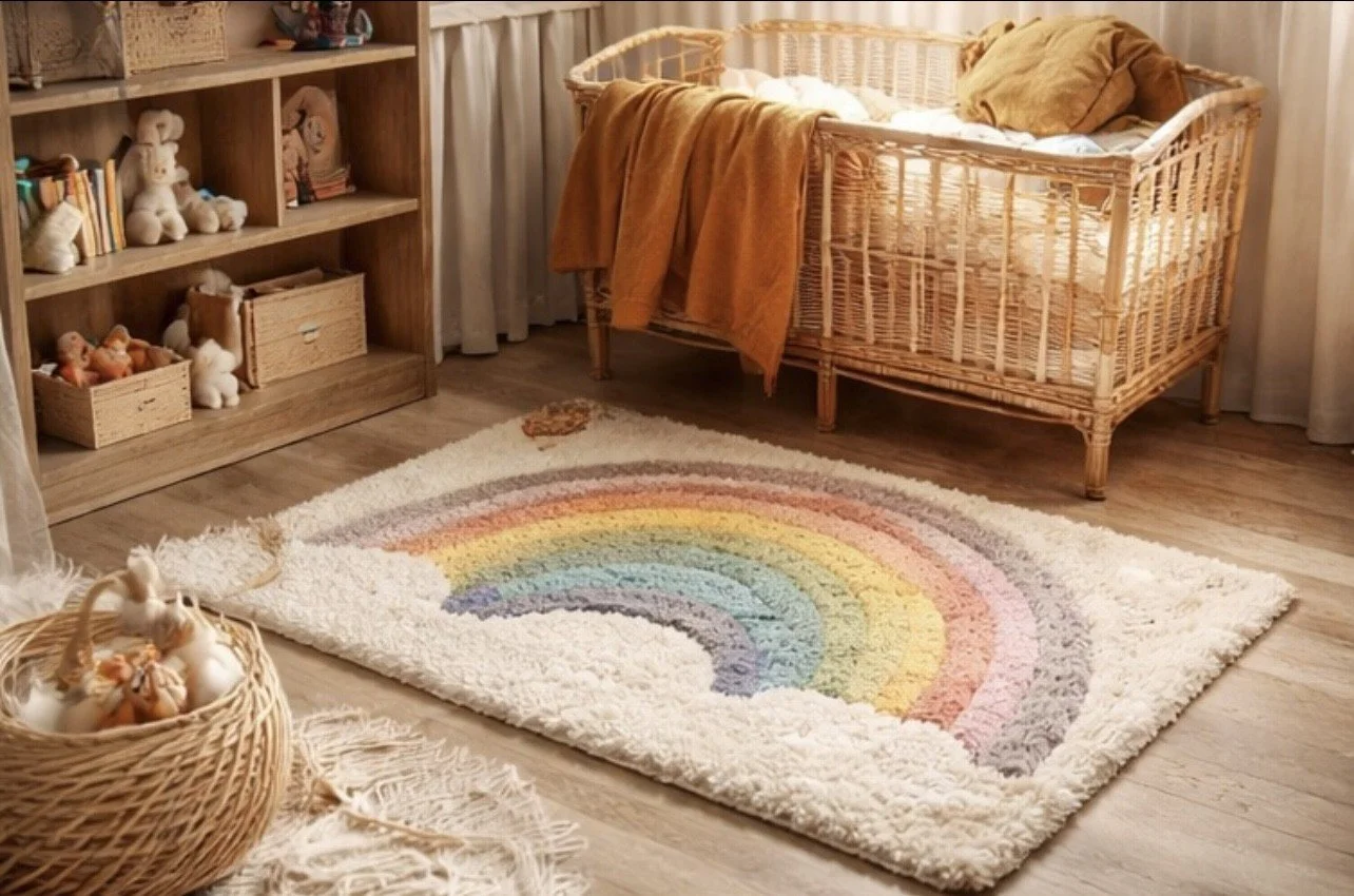 A cozy nursery room with a rainbow-themed rug, a wicker crib with orange blankets, a wooden bookshelf with stuffed animals and books, and a basket filled with baby toys.