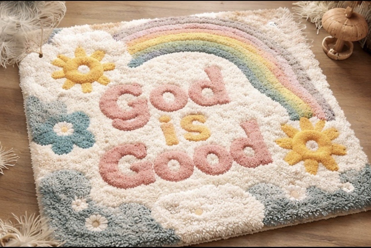 A decorative rug with the phrase "God is good" in pink and yellow letters, featuring a rainbow, yellow suns, blue flowers, and clouds on a wooden floor.