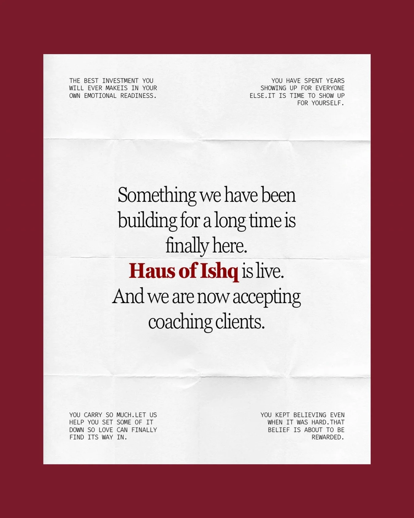 This moment has been a long time coming.
Haus of Ishq is officially live &mdash; and from today we are welcoming our very first coaching clients.
If something on this page spoke to you &mdash; if even one of those words felt familiar &mdash; this is 