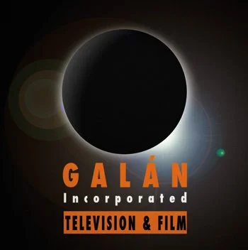 Solar eclipse with the sun partially covered by the moon, creating a ring of light around the dark moon, with the text 'Galán Incorporated Television & Film' in orange.
