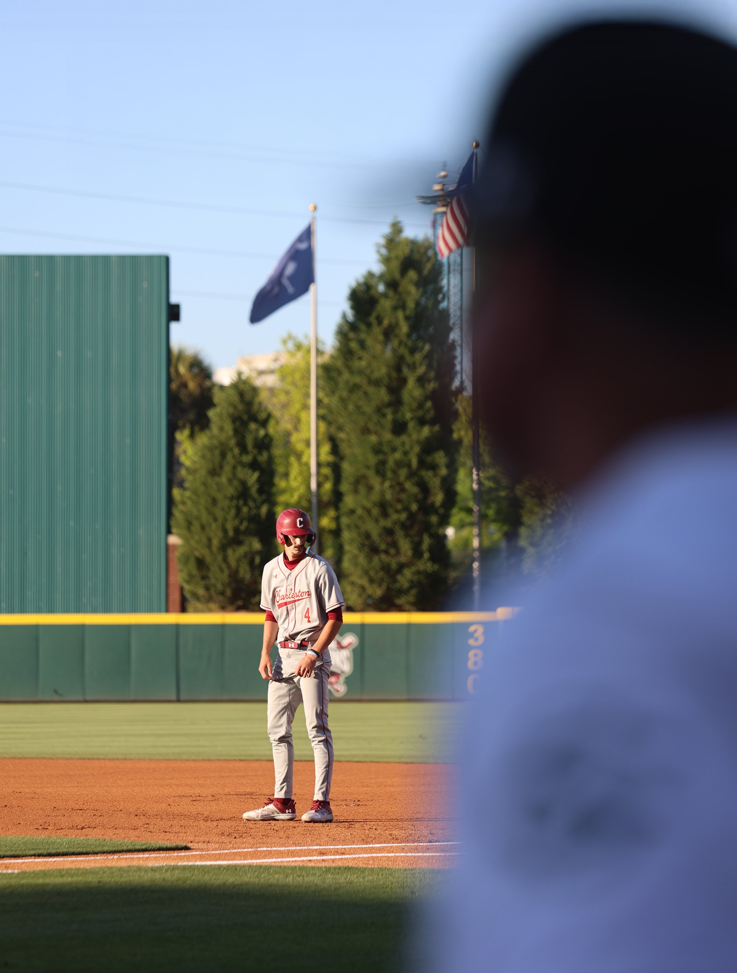 College of Charleston outfielder Nick Diaz leads off first base during action against South Carolina.