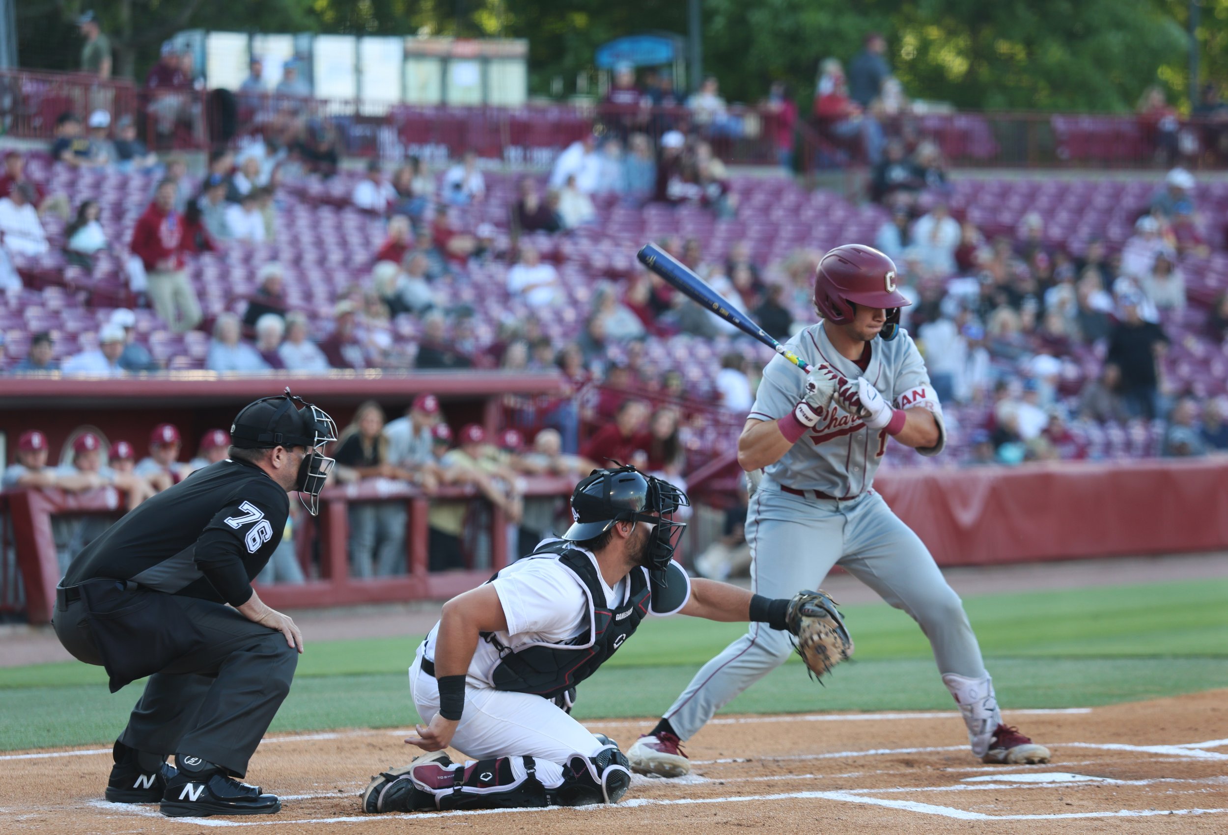 Charleston’s batter awaits the pitch as South Carolina’s catcher sets behind the plate.