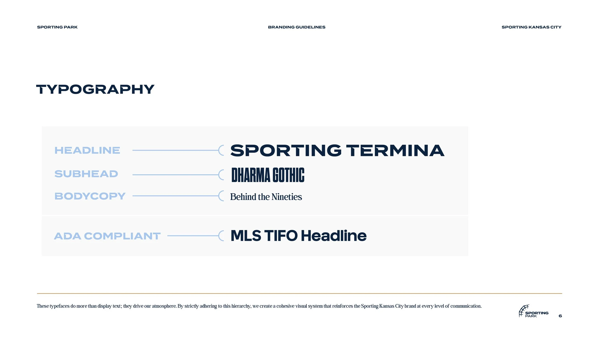 A branding guidelines document for Sporting Kansas City showing typography hierarchy with font styles and sizes for headlines, subheadings, and body copy, including specific typefaces and descriptions.