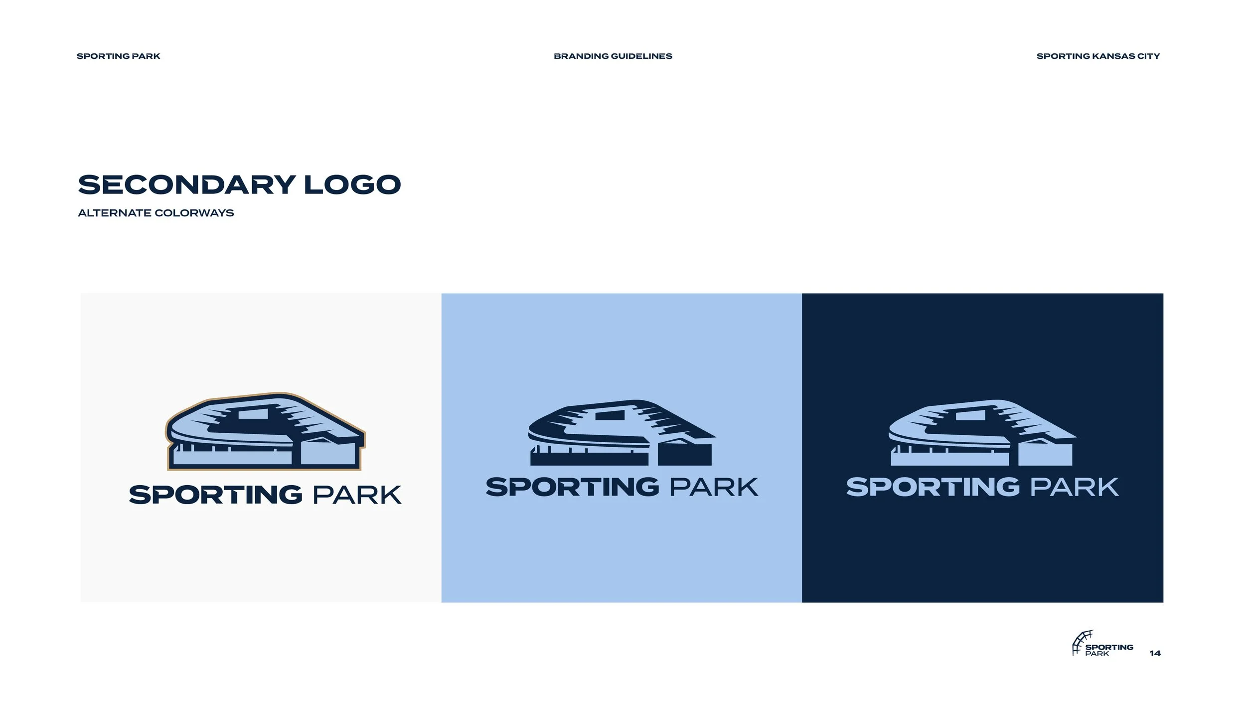 Branding guidelines page showing three versions of a sports stadium logo in alternate colorways on white, light blue, and dark blue backgrounds, with a small logo and page number at the bottom right.