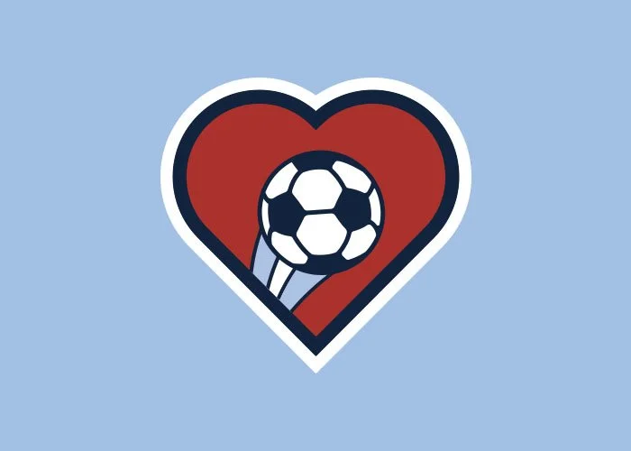 A heart with a soccer ball inside it, on a light blue background.