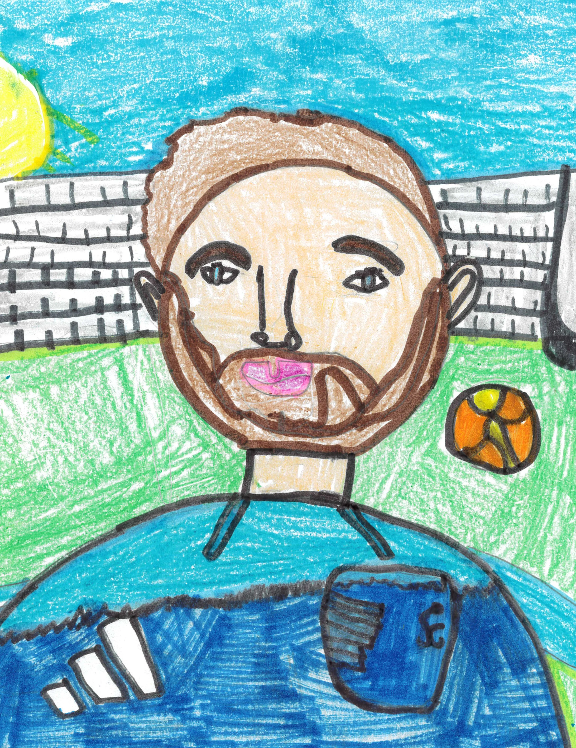Child's drawing of a man with a beard, sitting on a sports field with a soccer ball and a building in the background.