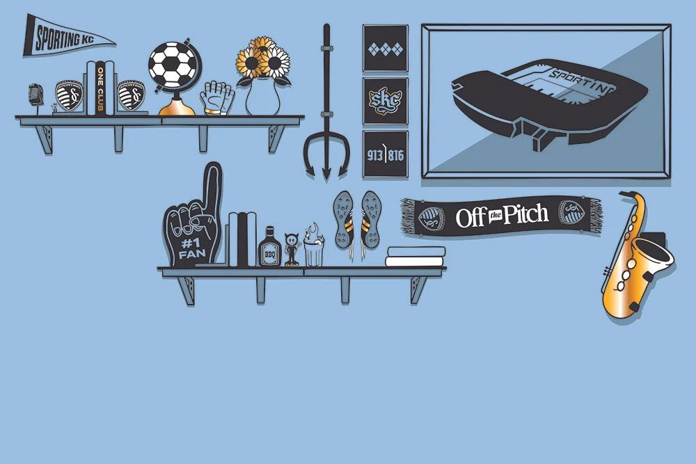 Decorated blue wall with sports-themed items, including a shelf with trophies, a soccer ball, a glove, a sunflower vase, a pitchfork, a framed seating chart, a scarf with 'Off the Pitch' text, a saxophone, and various posters and books.