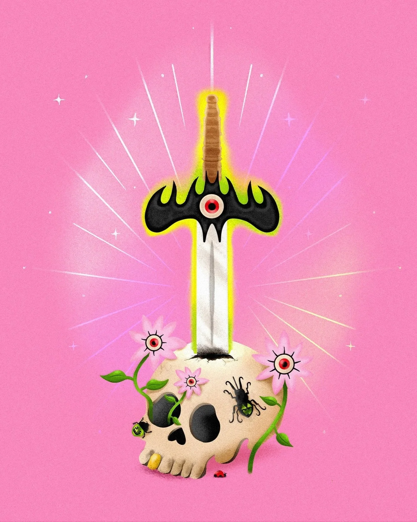 A surreal digital artwork featuring a skull with pink flowers, insects, and eyes, with a sword stabbed through it, glowing on a pink background.