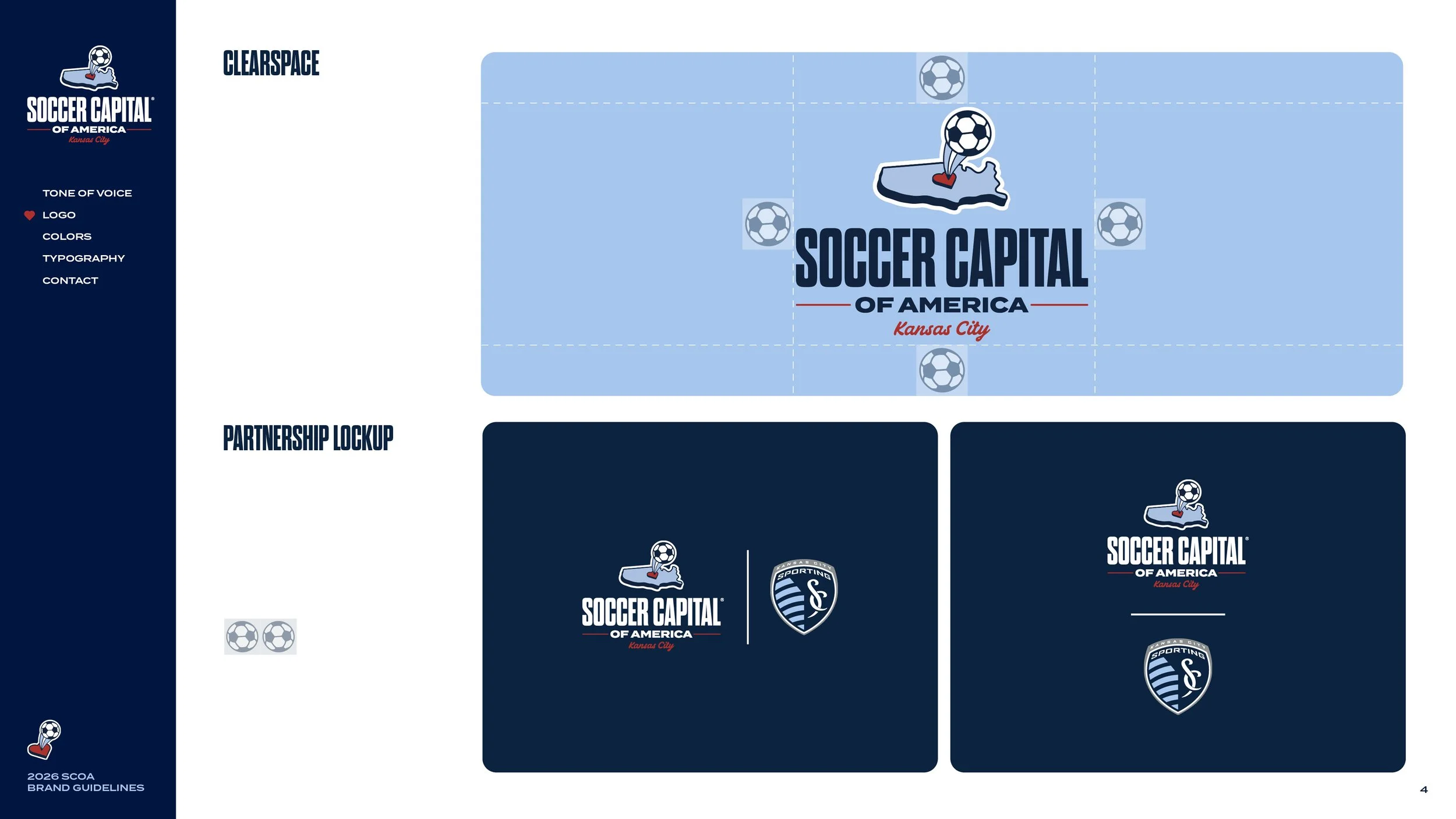 Brand guideline page featuring the Soccer Capital of America logo with a shoe and soccer ball, the phrase Kansas City, and soccer ball icons. It also displays partnership lockup logos for Soccer Capital of America and Sporting Kansas City.
