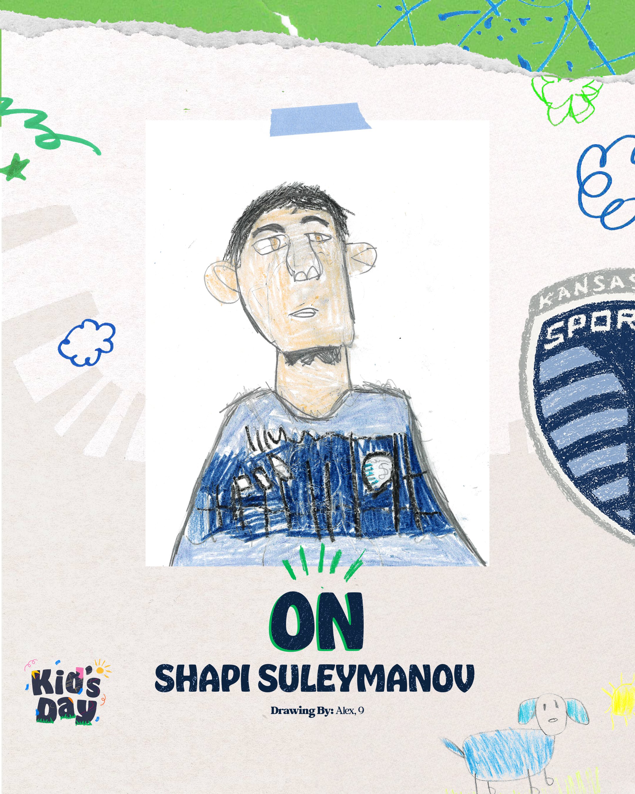 Child's drawing of Shapi Suleymanou wearing a sports jersey, with colorful doodles and the Kansas City Sporting Kansas City football club emblem in the background.