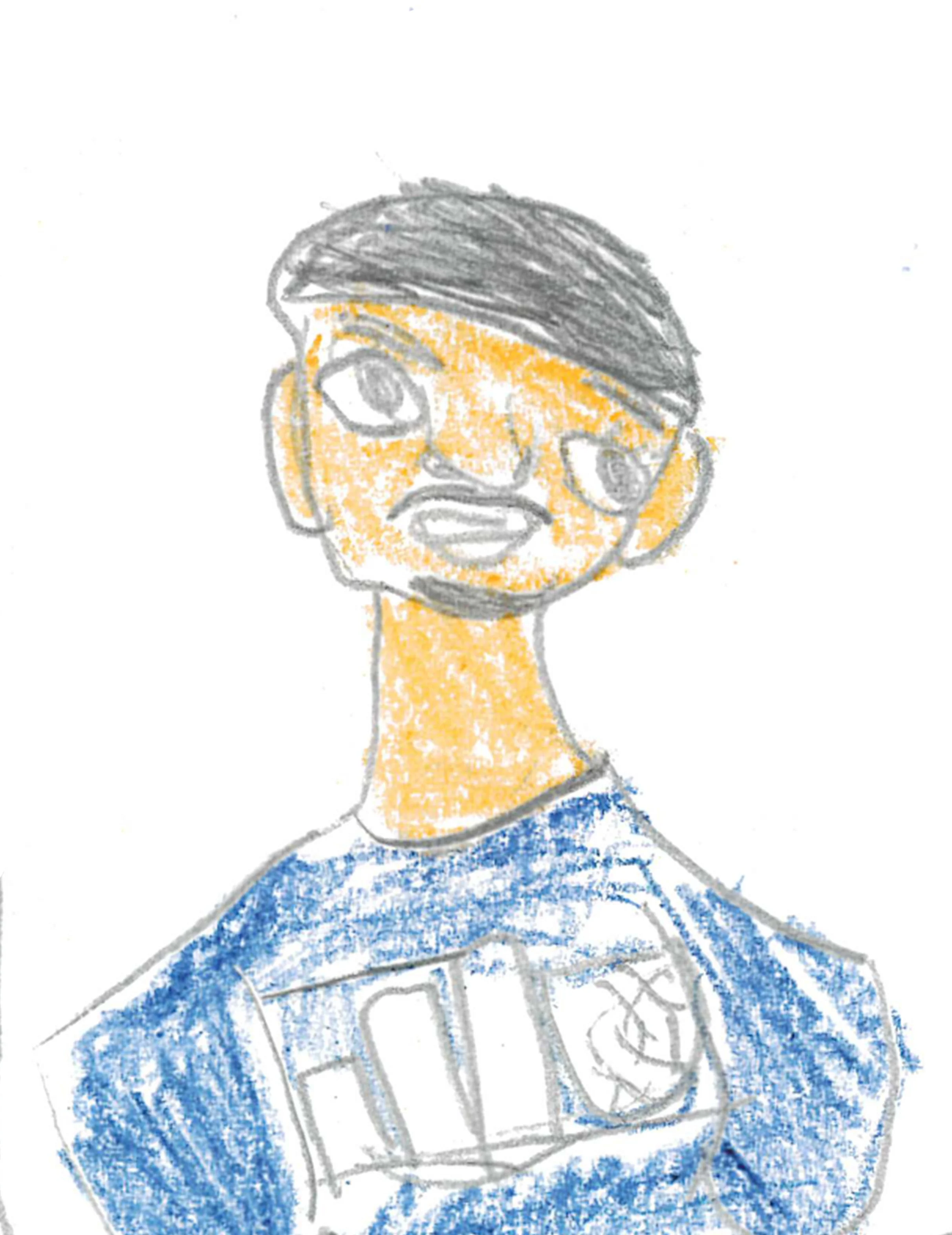 Child's crayon drawing of a person with short dark hair, orange face, large eyes, full lips, wearing a blue shirt with a soccer logo.