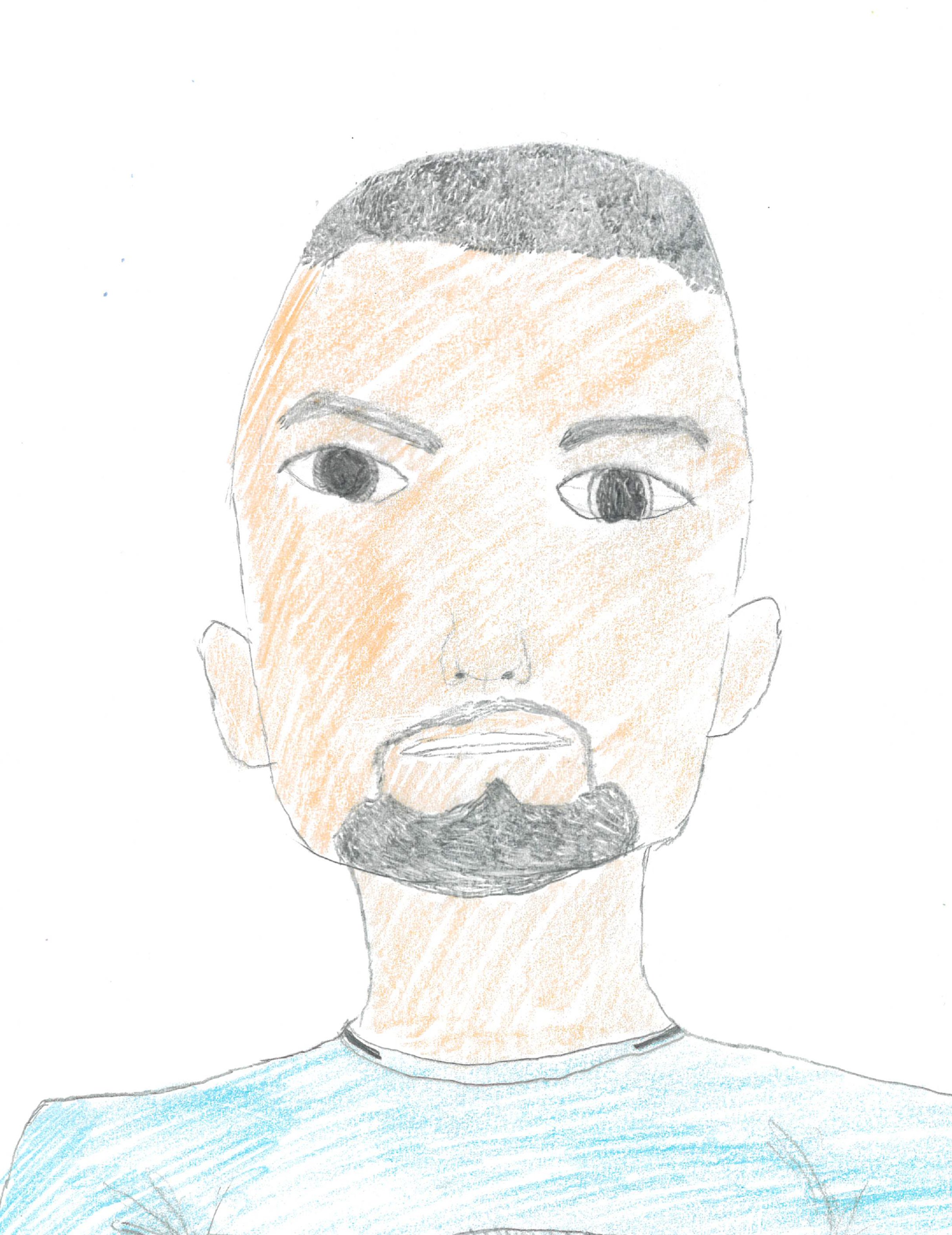 A hand-drawn portrait of a man with short dark hair, a beard, and mustache, wearing a blue shirt, with detailed eyes and facial features.