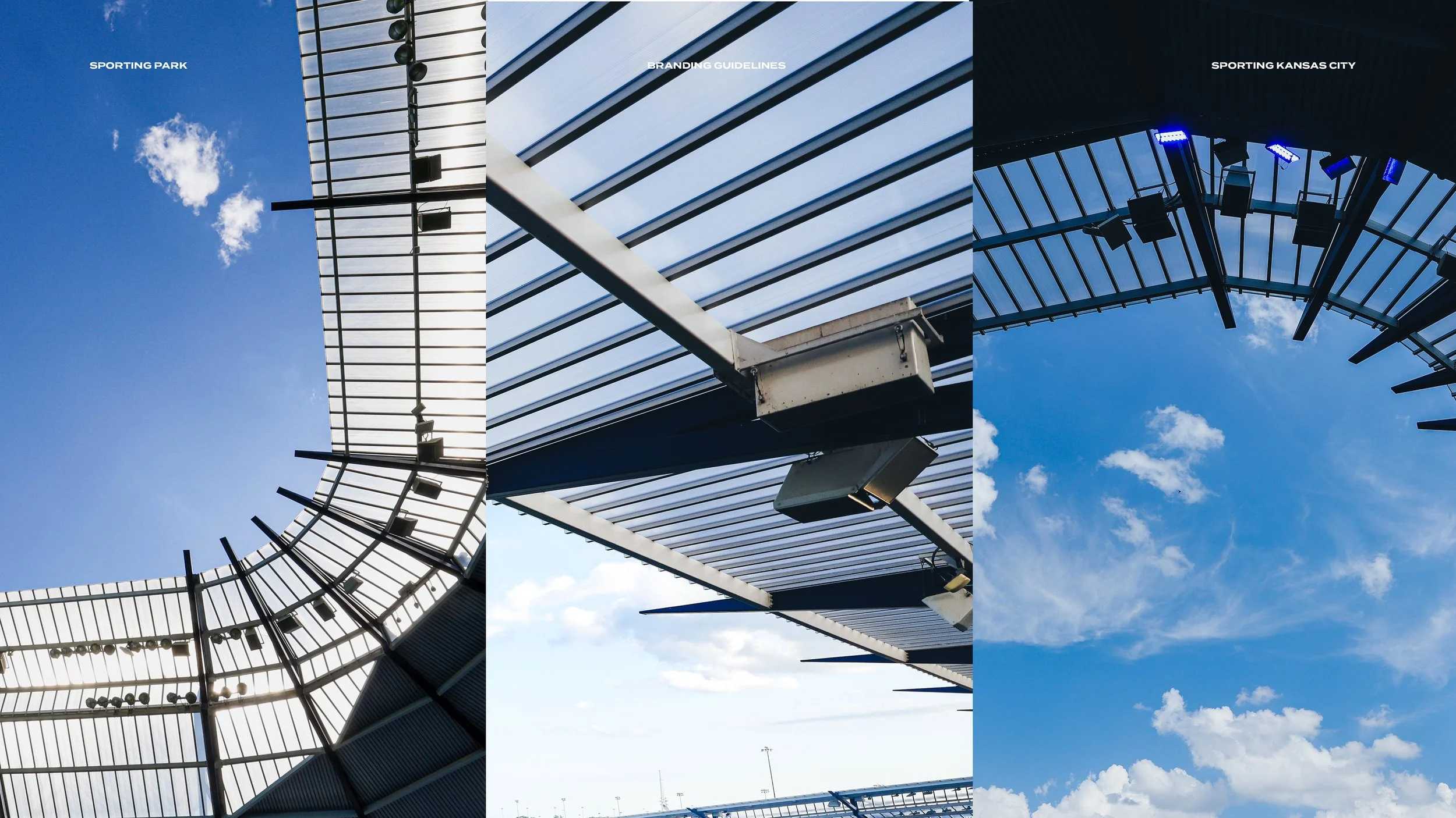 Three photos of architectural structures with metal and glass roofs, viewed from below against a blue sky with clouds, labeled 'Sporting Park,' 'Branding Guidelines,' and 'Sporting Kansas City.'