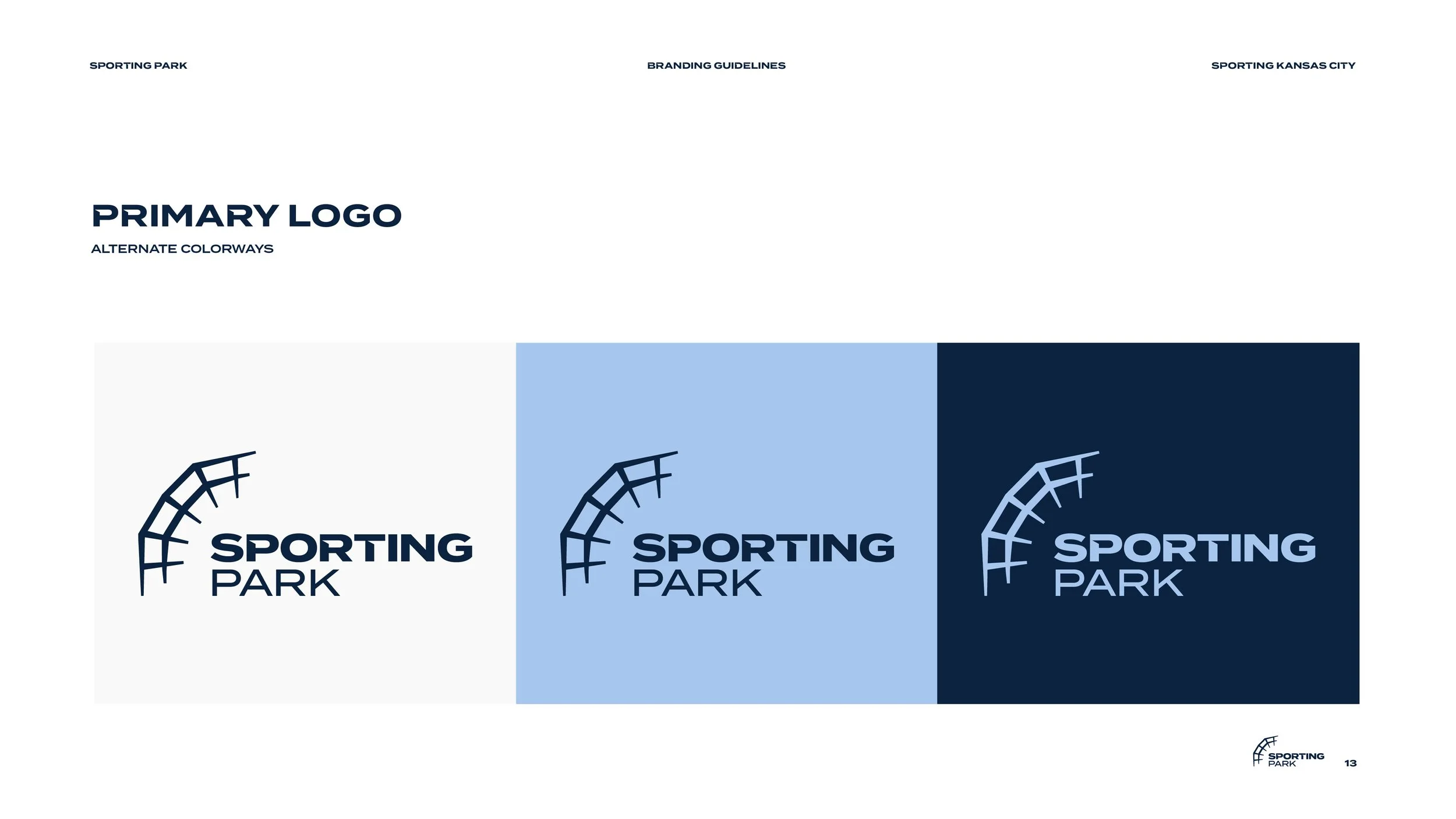 A branding guideline page displaying three variations of a 'Sporting Park' logo with an arc design, each on different background colors: white, light blue, and dark blue.