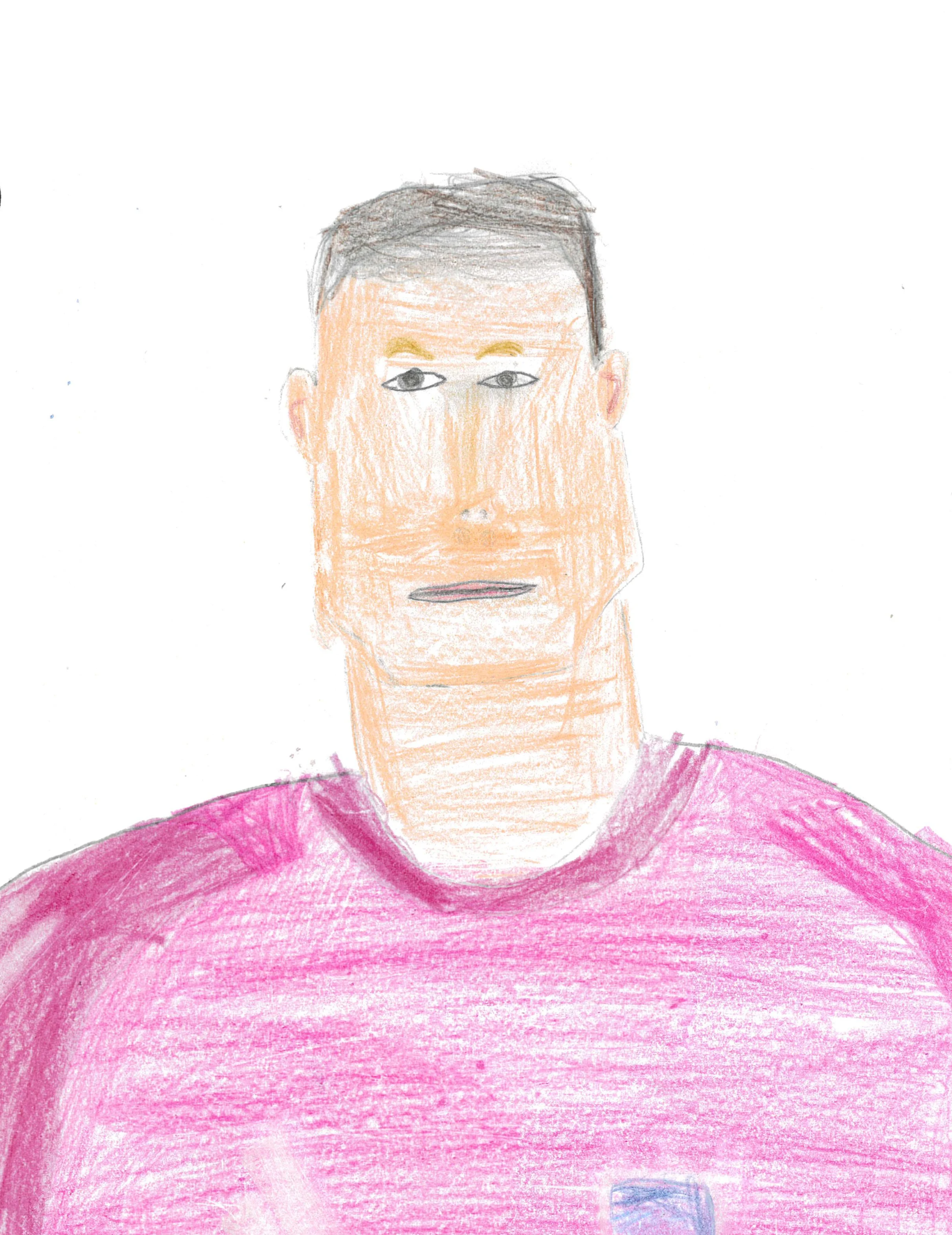 Hand-drawn portrait of a man with short dark hair, light skin, and wearing a pink shirt.