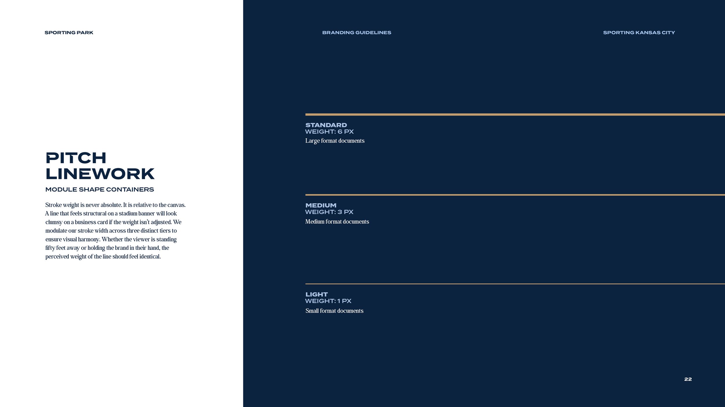 Design guideline page with the title 'Pitch Linework' and description about stroke weight and visual harmony; divided into sections for standard, medium, and light weights with specifications.