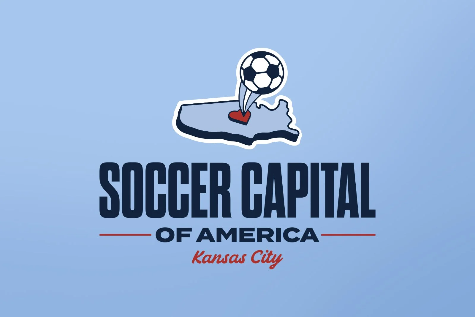 Logo for Soccer Capital of America, Kansas City featuring a map of Missouri with a soccer ball and a location marker.