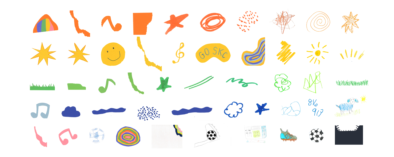 Colorful children's drawing with stars, smiley face, and sports equipment, including a soccer ball and cleats.