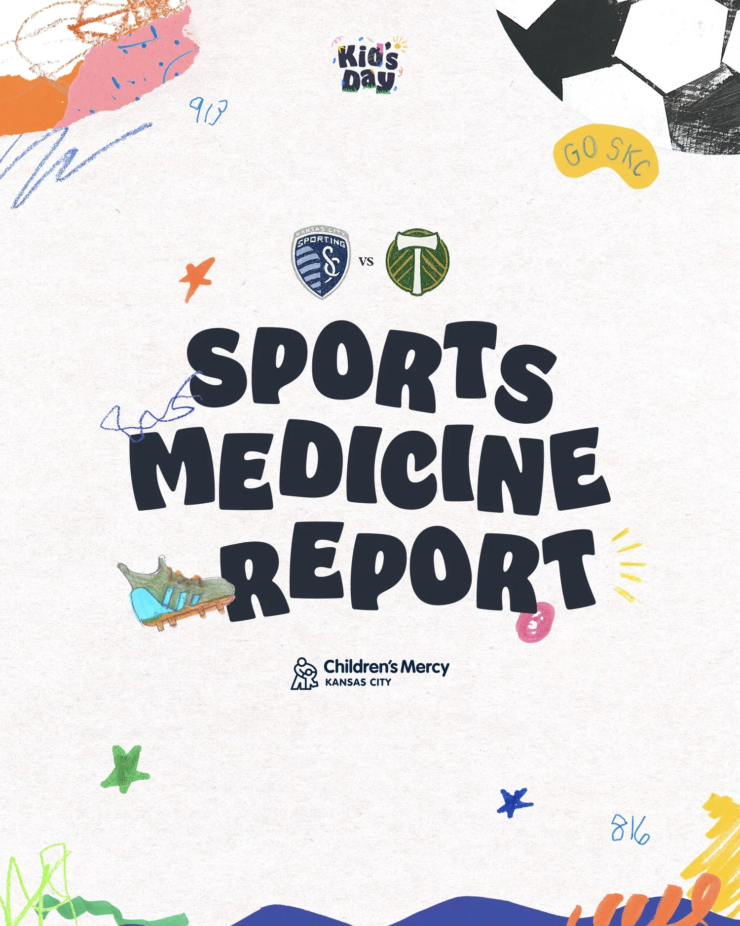 Children's Mercy Kansas City sports medicine report cover with colorful doodles, illustrations of a soccer ball, a soccer shoe, and playful handwritten notes.