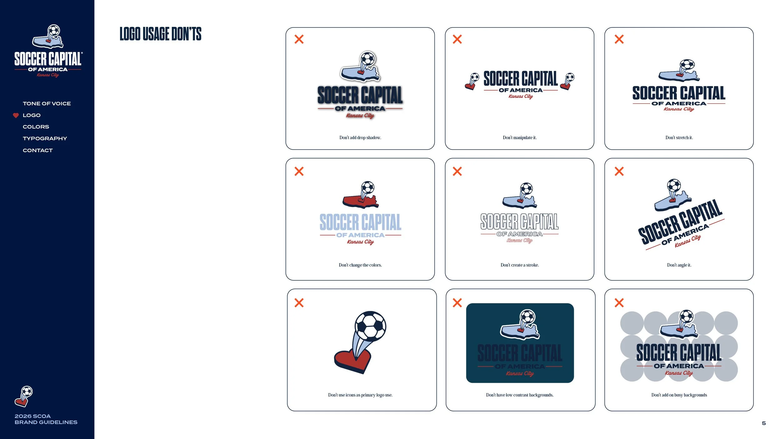 Guidelines for logo usage for Soccer Capital of America, Kansas City, showing incorrect logo applications such as adding drop shadows, manipulating, stretching, changing colors, creating strokes, angling, icon misuse, low contrast backgrounds, busy b