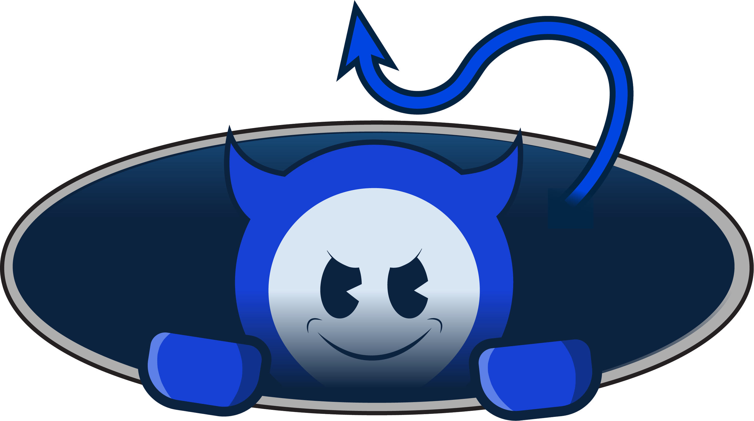 Cartoon illustration of a smiling blue devil with horns and a pointy tail, sitting inside a black and gray baking dish.
