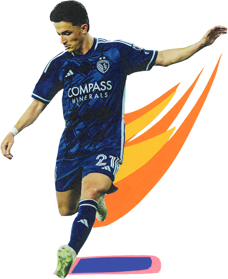 A soccer player in a blue uniform with the number 21 is kicking a ball on a colorful background.
