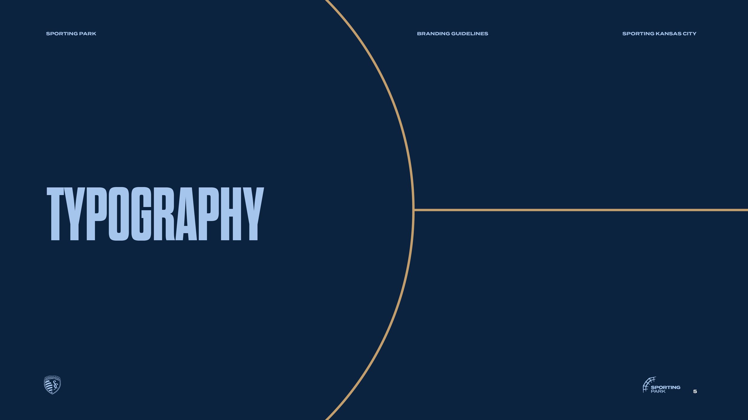 Slide titled 'Typography' with branding guidelines for Sporting Park. The slide has a dark blue background with gold lines and includes the Sporting Kansas City logo at the bottom left corner.