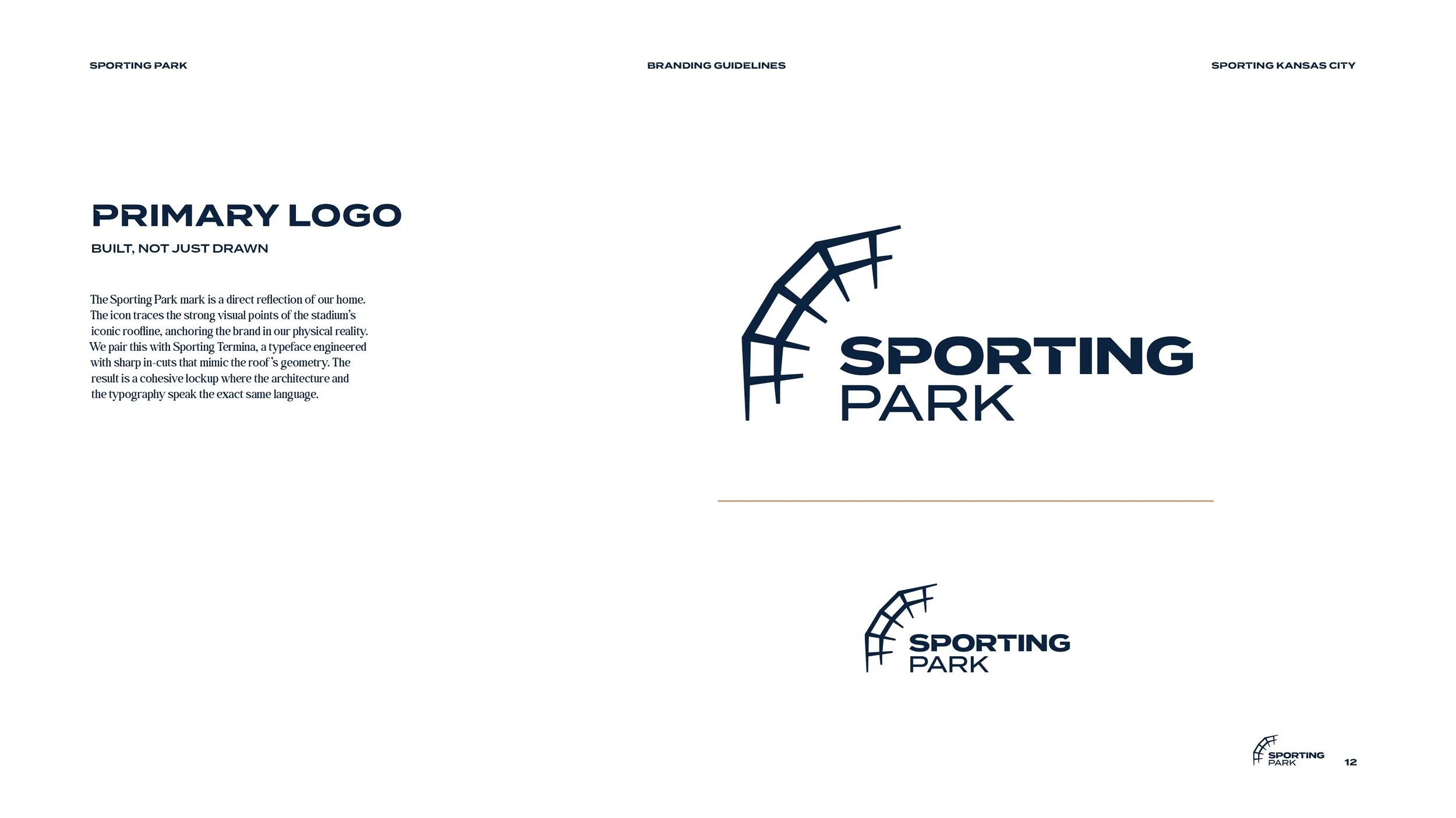 Sporting Park branding guidelines with a primary logo featuring a stylized curved structure and the text 'SPORTING PARK' in bold navy blue, along with additional logo variations in different sizes.