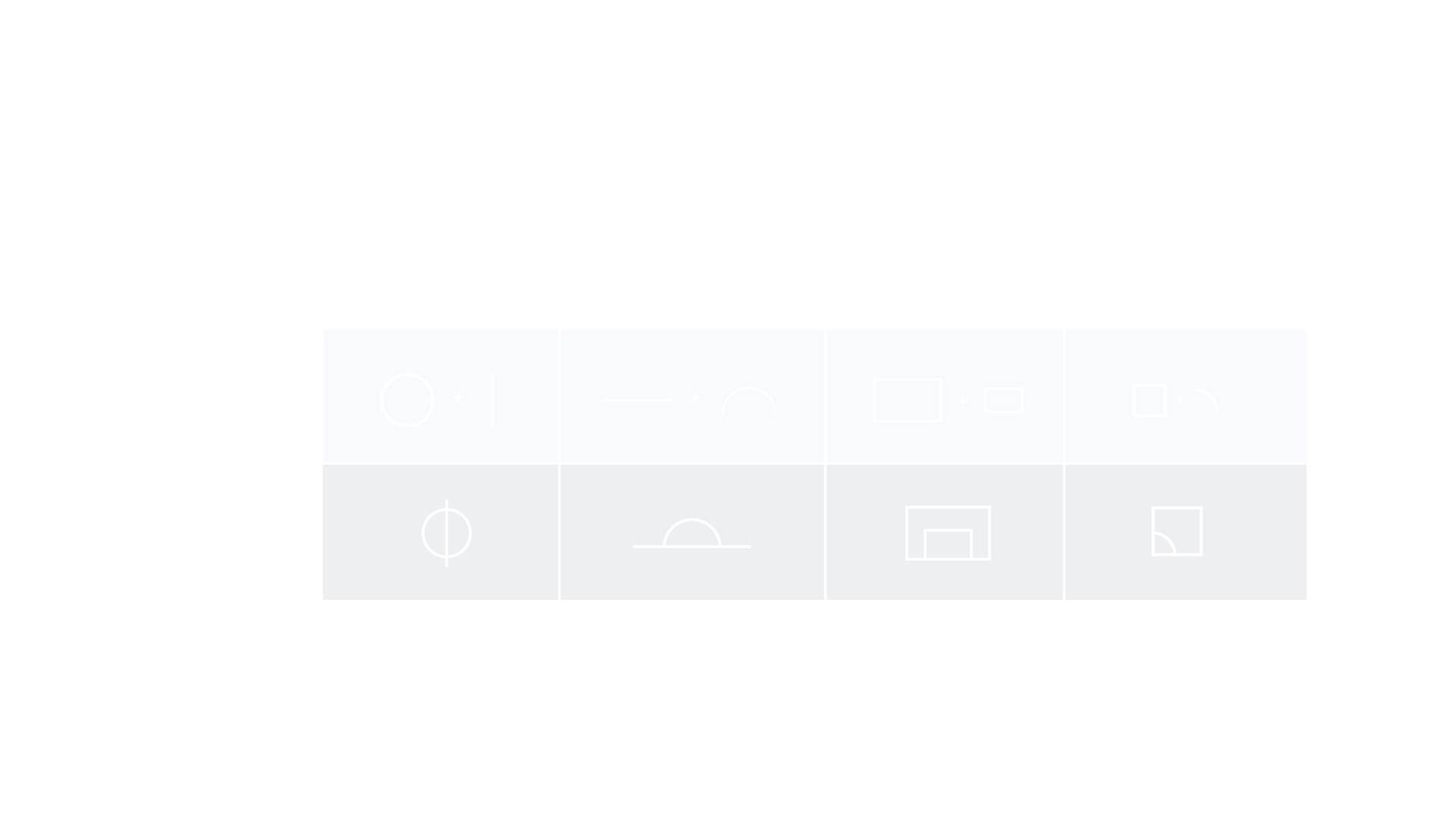 Diagram showing building elements, element formulas, and added elements in a grid layout. The top row displays various geometric shapes, the middle row shows formulas combining these shapes, and the bottom row illustrates the resulting combined shapes.