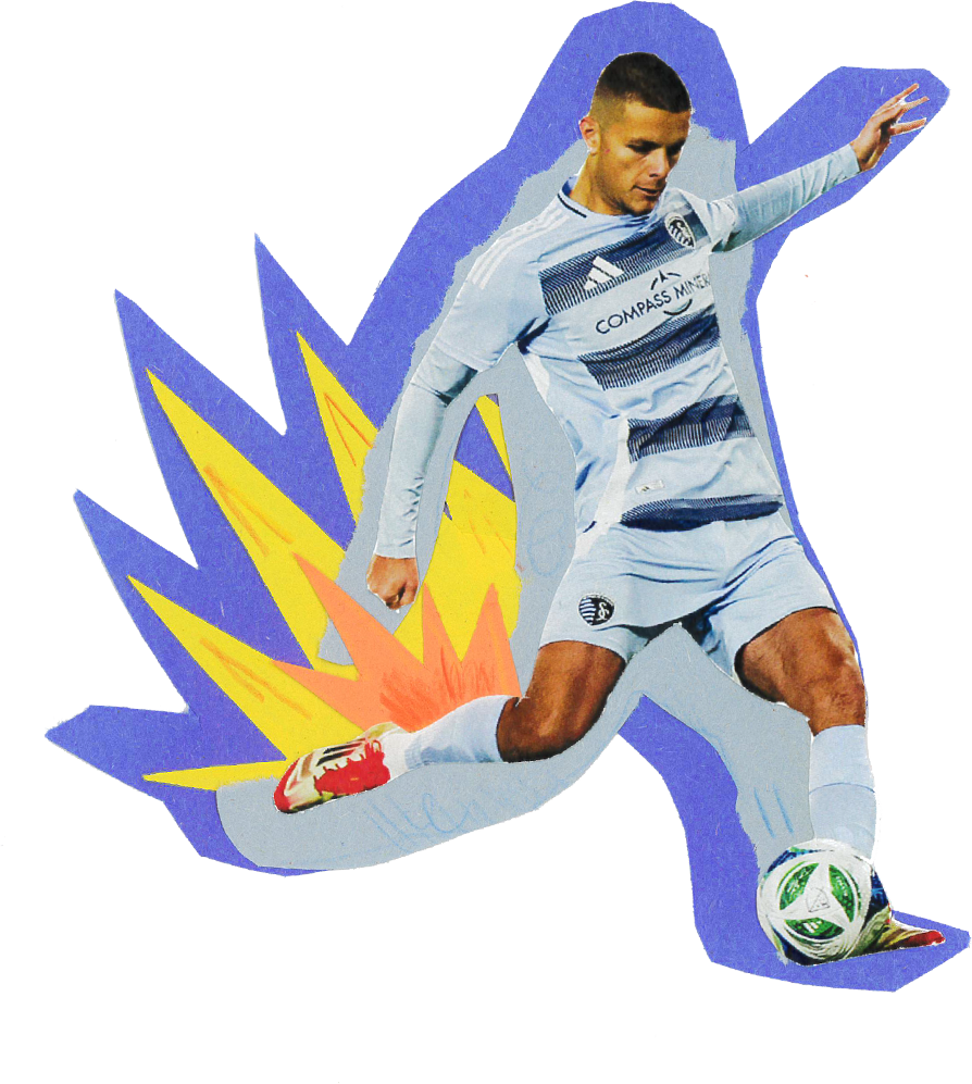 A soccer player in a light blue uniform kicking a ball with a colorful comic-style explosion graphic behind him.