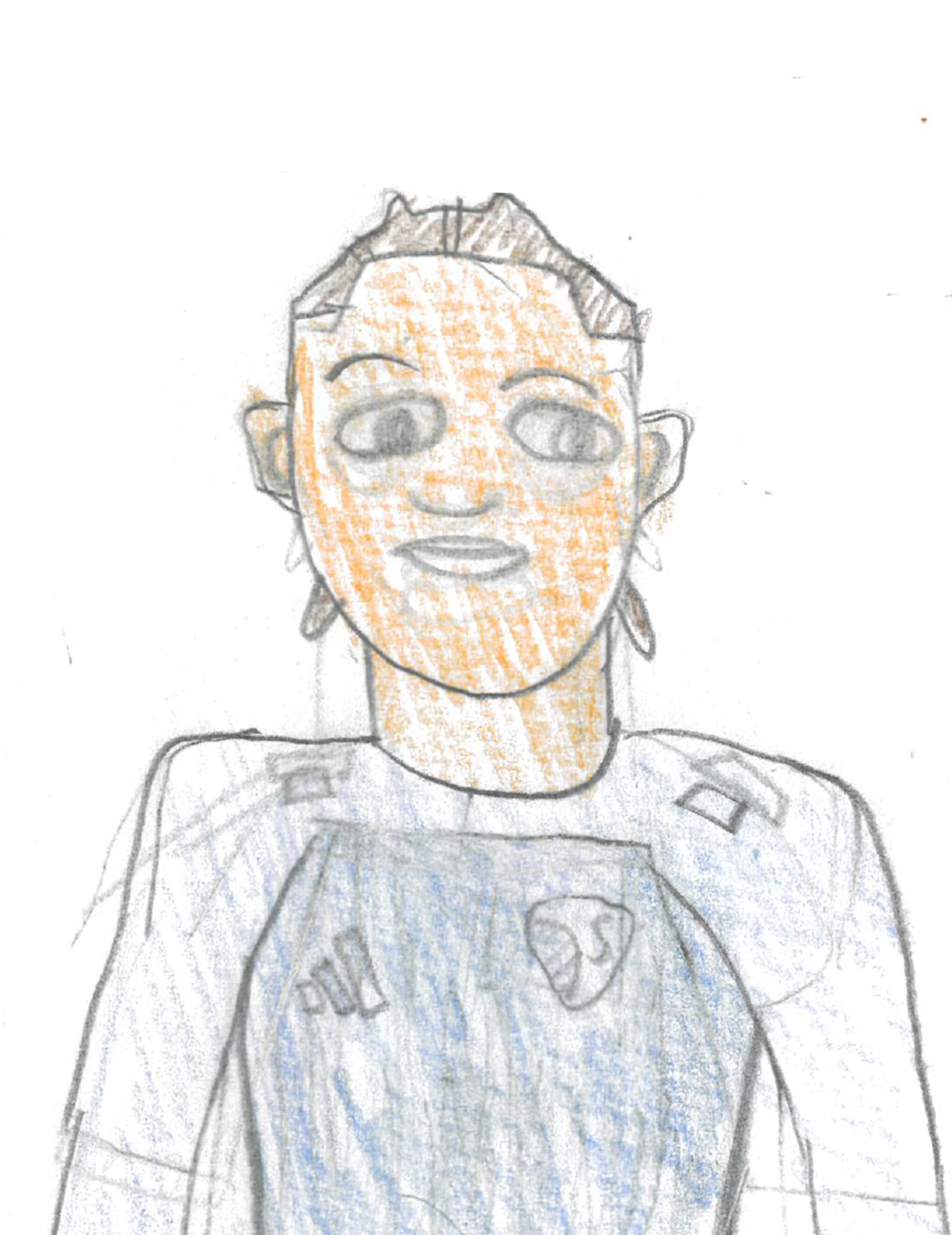 A hand-drawn colored sketch of a woman with a beard and earrings wearing a superhero costume with an emblem on the chest.