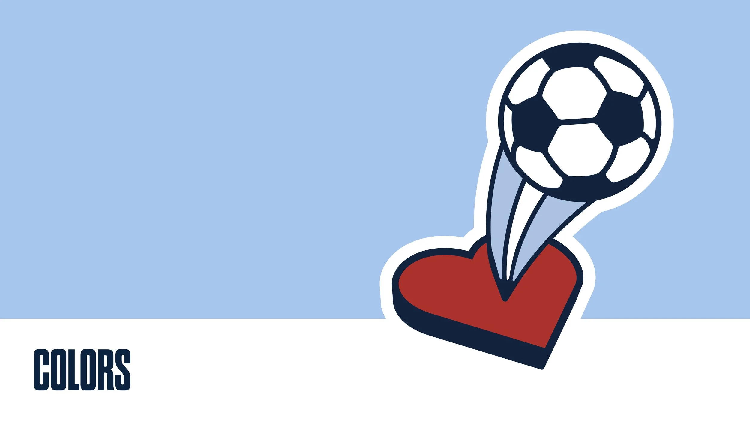 A graphic illustration featuring a red heart with a black outline and a textured surface, with a black and white soccer ball above it, connected by two blue lines, set against a blue background. The word "COLORS" appears in bold black letters at the 