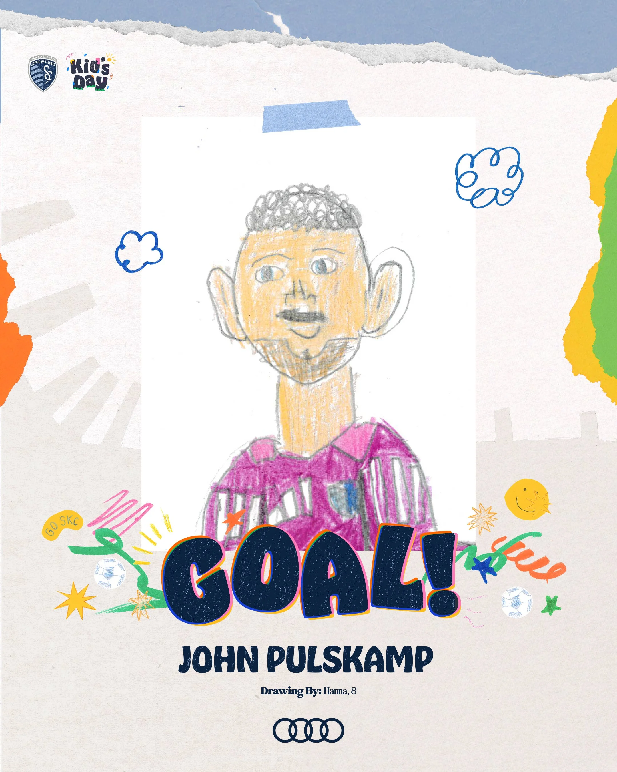 Child's colorful drawing of a man with large ears, a beard, and short curly hair, wearing a purple sports jersey, with the word 'GOAL!' and various doodles and sports symbols around.