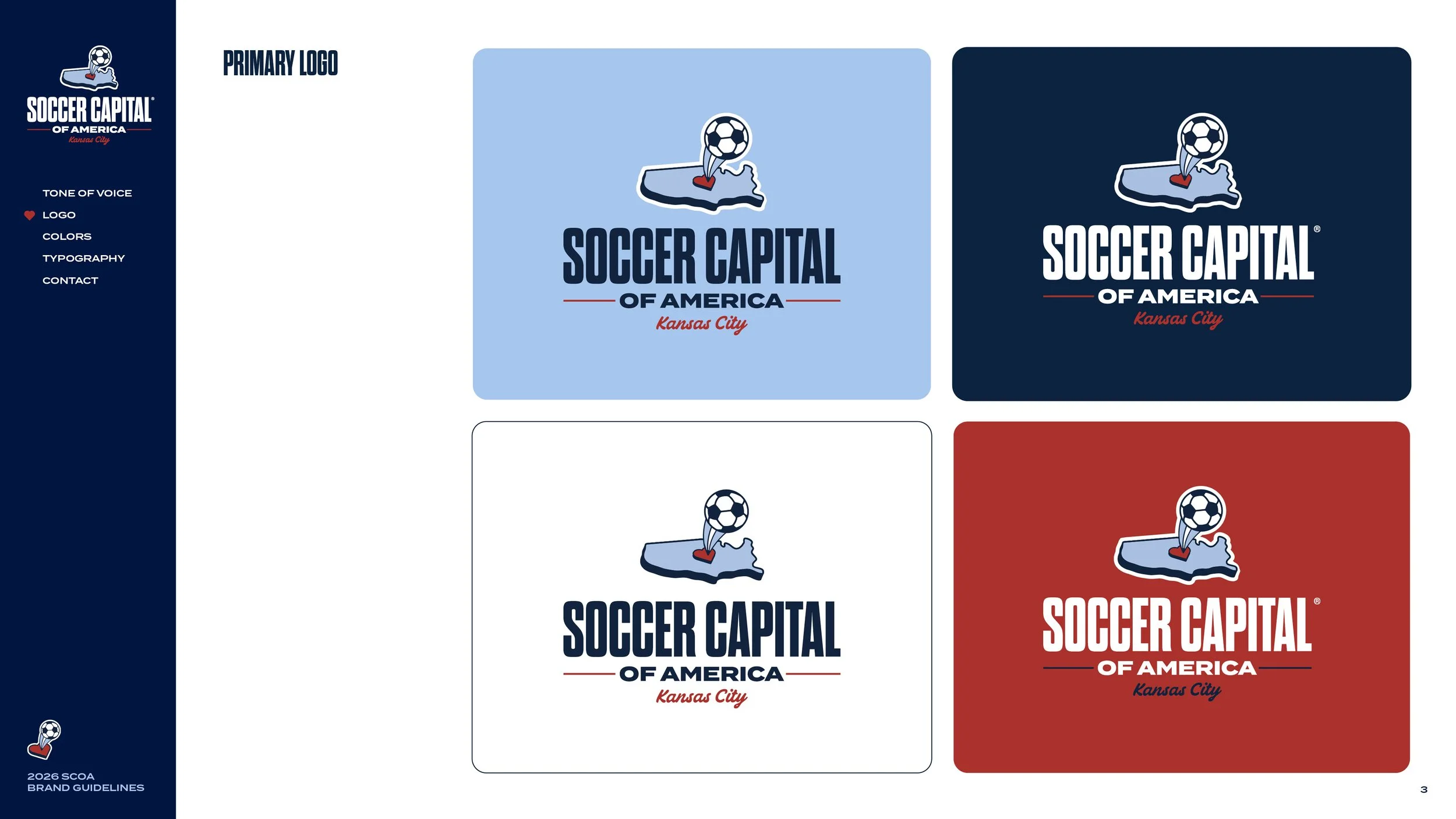 Page showing four variations of a logo for Soccer Capital of America in Kansas City, featuring a map outline with a soccer ball and a red location pin, with different background colors and text styles.