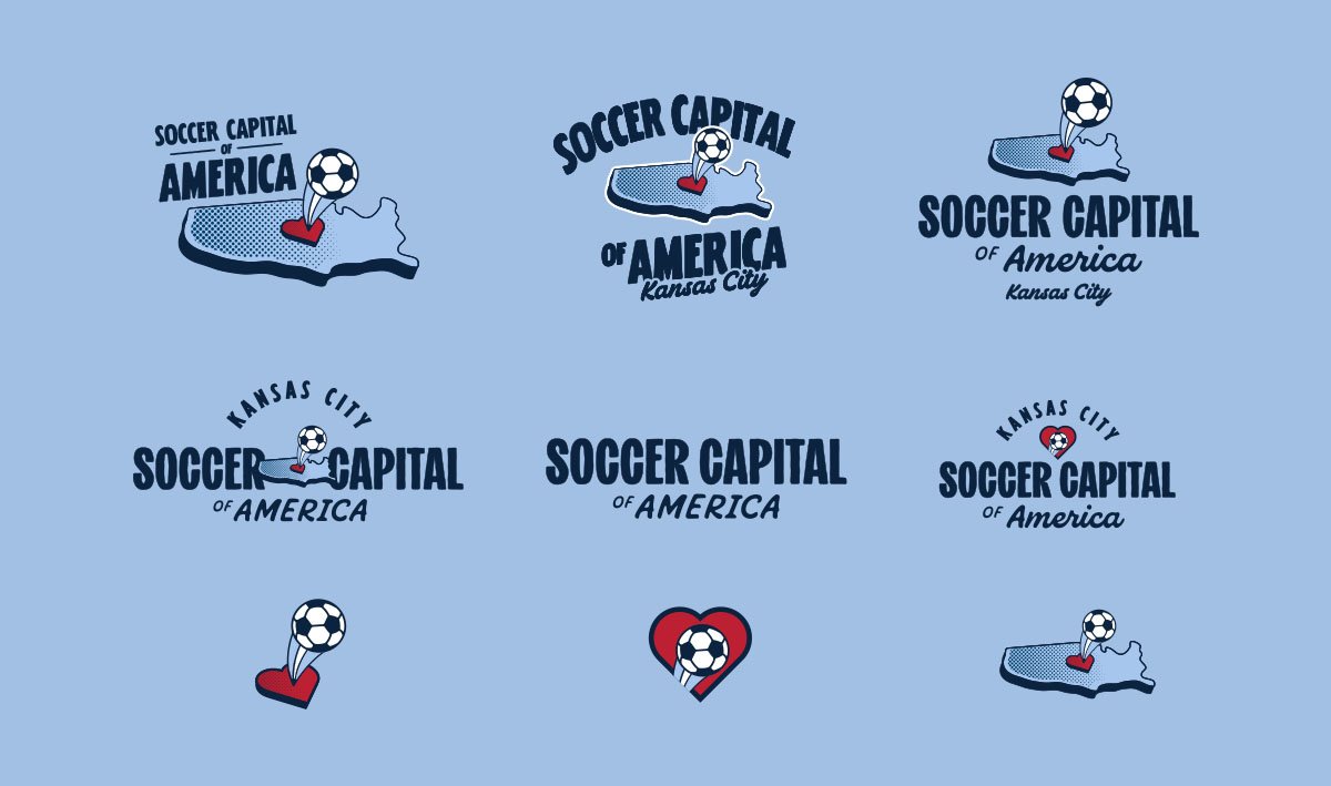 Collection of nine soccer-themed logos featuring the outline of Kansas with a soccer ball on a red heart and various text styles, all themed as the 'Soccer Capital of America' or 'Kansas City'.